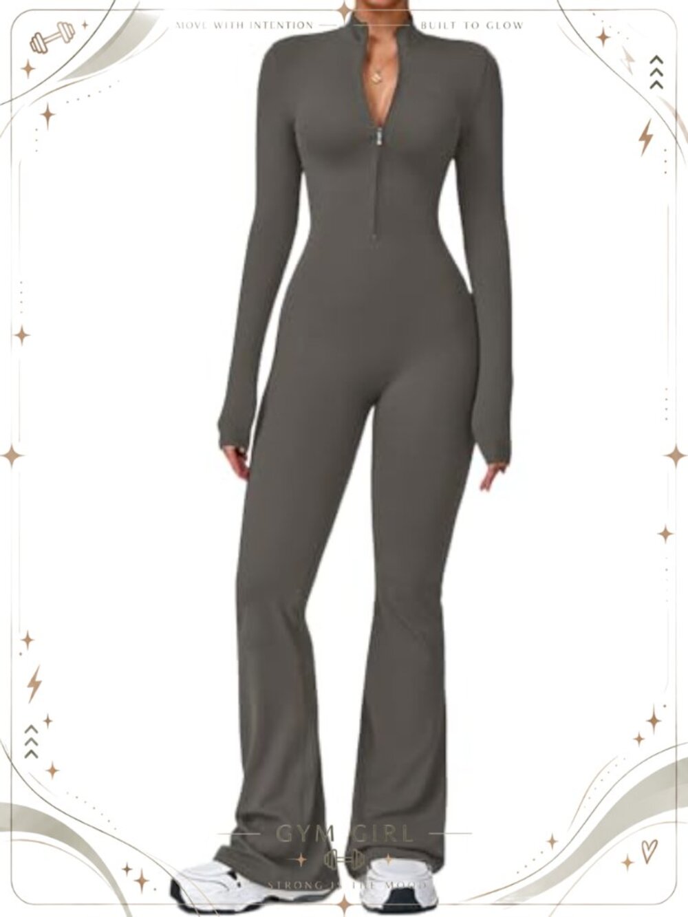 Ecupper One Piece Workout Jumpsuit Flared Zip Up Long Sleeve Gym Romper